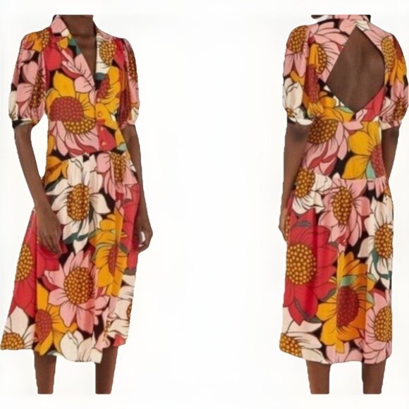 Farm Rio Colorful Sunflower Midi Dress Sz S Peek-a-Boo Back Flowy Boho Vacay - Picture 1 of 11